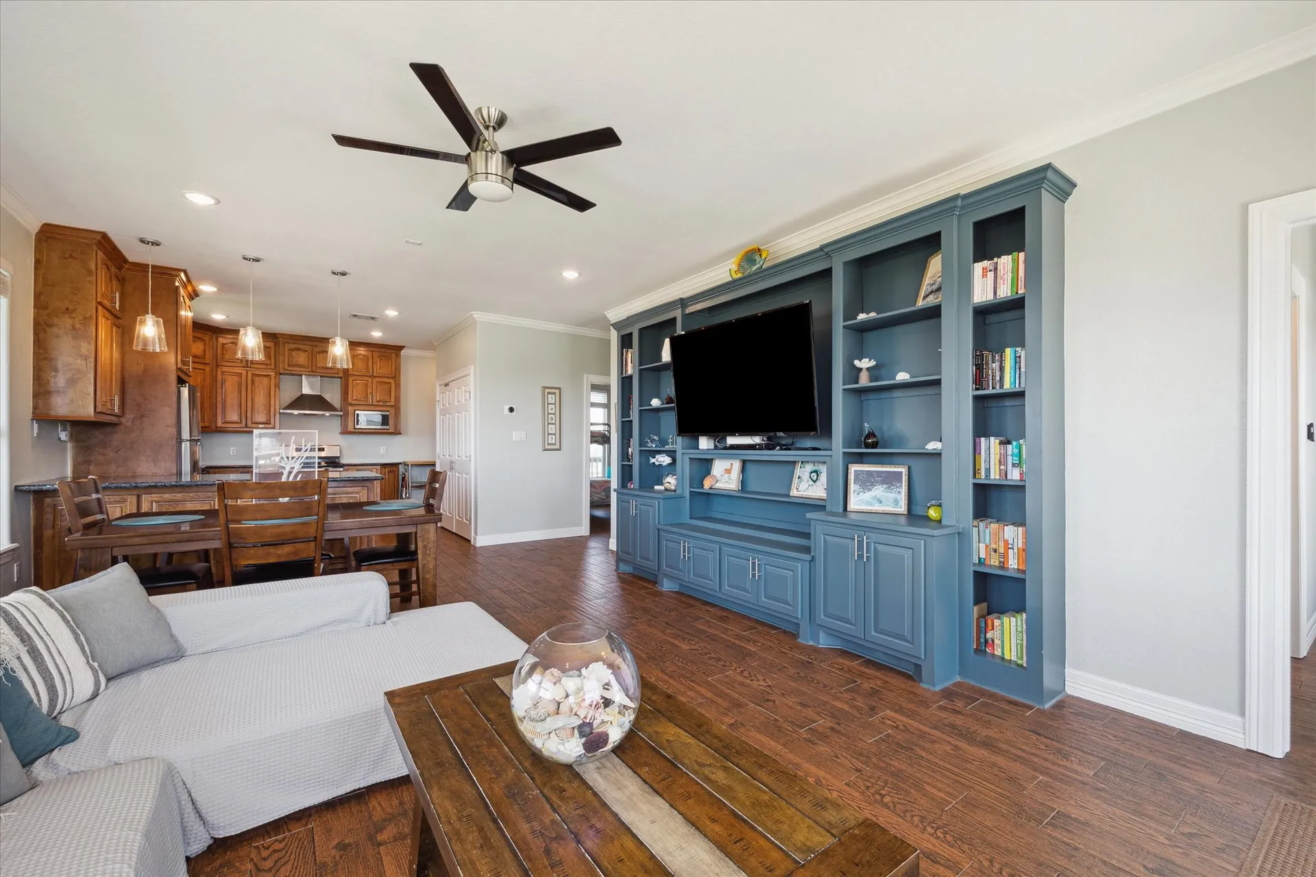 Spacious living room interior at The Blue Sea Star beach home in Surfside Beach, Texas